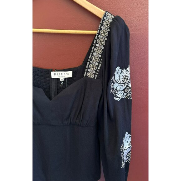 Hale Bob Black Deandra Embroidered Sweetheart Neckline Blouse Size XS Bohemian - Picture 2 of 9